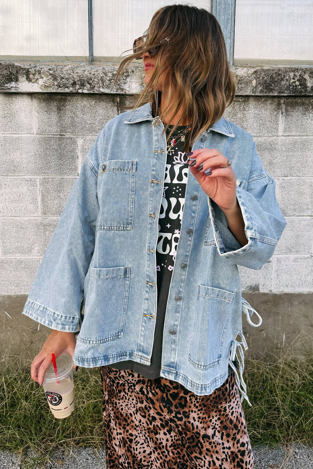 Beau Blue Multi Patched Pockets Side Tie up Boyfriend Style Denim Jacket Jackets 15a6423c59581da9
