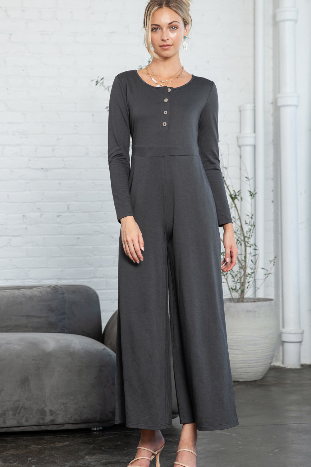 Dark Grey Henley Long Sleeve Wide Leg Jumpsuit with Pockets Jumpsuits 15b5acc8e9af6d7a