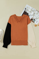 Desert Gold Colorblock Raw Edge Bubble Sleeve V Neck Sweater Sweaters 15be22cb16185964