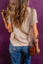 Oatmeal Short Sleeve Half Button Ribbed Top T Shirts 16285a91d018737d