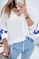 White Floral Embroidered Drawstring V Neck Blouse Blouses 162a21e688717a2d