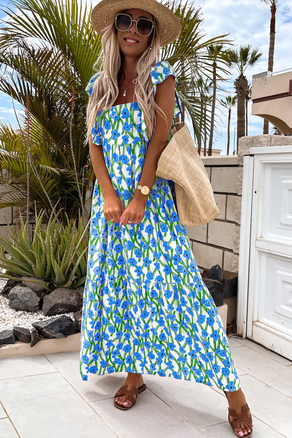 Blue Floral Print Square Neck Ruffled Strap Maxi Dress Maxi Dresses 162c14d005fefcf8