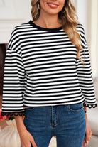 Sachet Pink Striped Round Neck Contrast Trim Bell Sleeve Top Long Sleeve Tops 162d4c0712221198