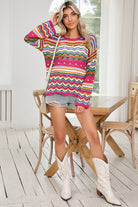 Rose Red Colorblock Striped Hollowed Knit Loose Sweater Sweaters 1636fc63a9de69fe