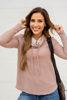 Apricot Pink Horizontal Twist Ribbed Drawstring Cowl Neck Knit Top Long Sleeve Tops 164170b04a40788d