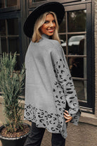 Gray Leopard Casual Side Slit High Neck Oversized Sweater Sweaters 16618565a720f684