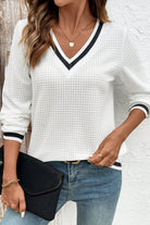 White Textured Knit Preppy Striped Trim V Neck Pullover Waffle Top Long Sleeve Tops 1686c9e0c8396db3
