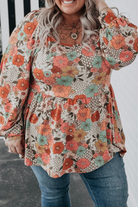 Khaki Plus Size Flower Print Square Neck Peplum Blouse Plus Size Tops 16a3a7b828494e67