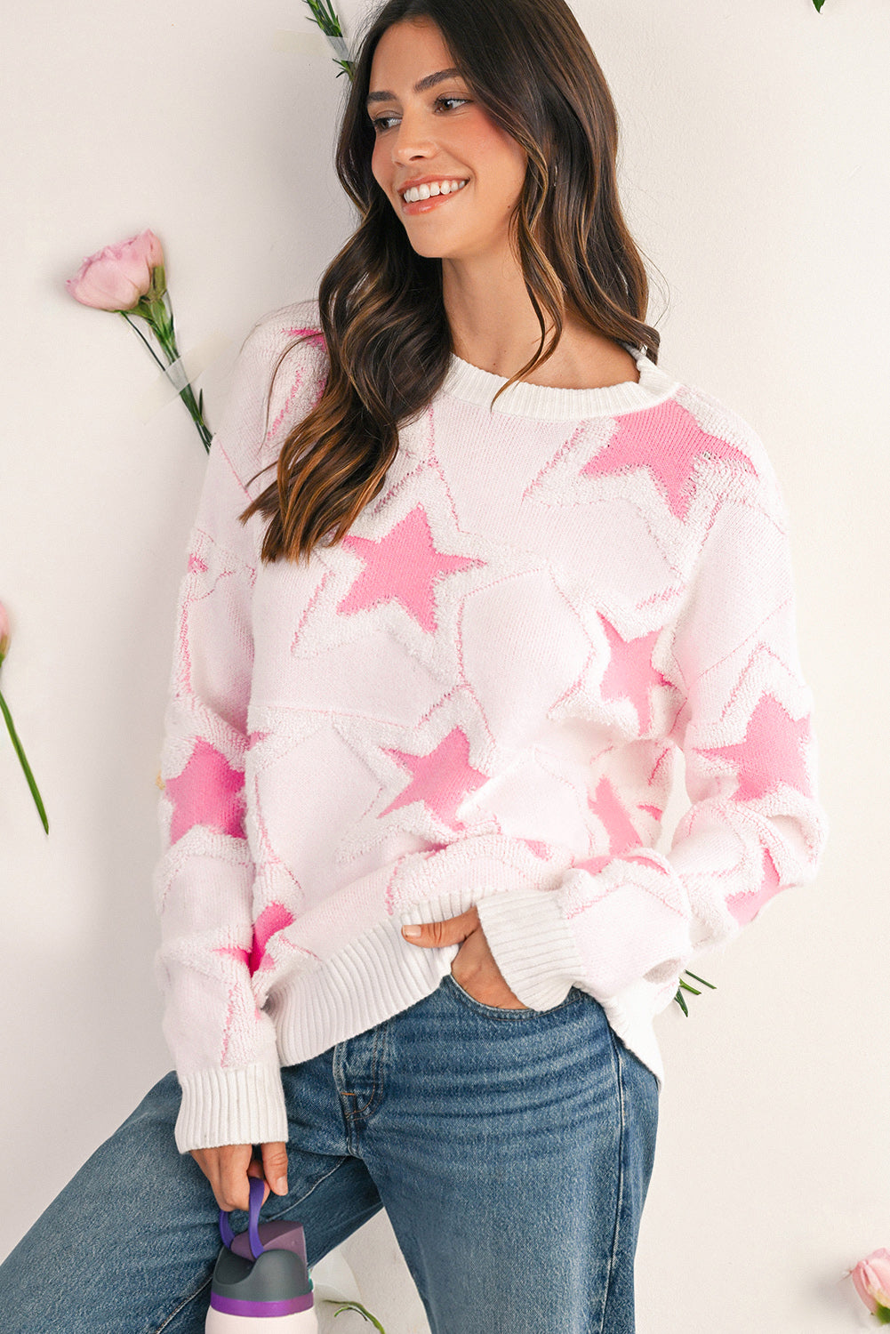 Sachet Pink Star Pattern Drop Sleeve Loose Sweater Sweaters 16bee6abbddfd6f8