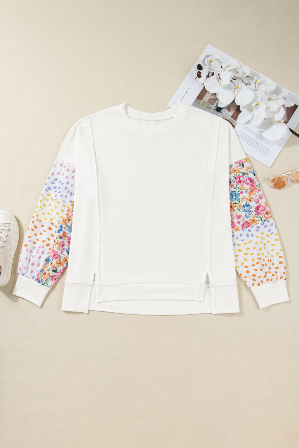 White Plus Size Exposed Seam Detail Contrast Dot Floral Patchwork Sleeve Sweatshirt Plus Size Tops 16dc0845a0f39d6a