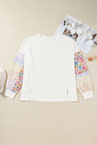 White Plus Size Exposed Seam Detail Contrast Dot Floral Patchwork Sleeve Sweatshirt Plus Size Tops 16dc0845a0f39d6a