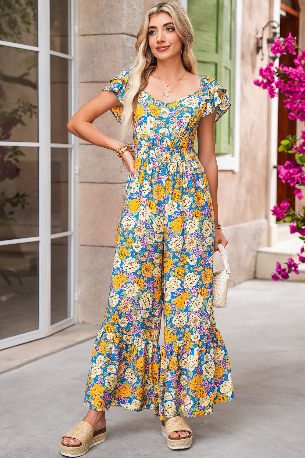 Yellow Floral Allover Print Shirred Cut Out High Waist Jumpsuit Jumpsuits 16f9fdcd520fb5df