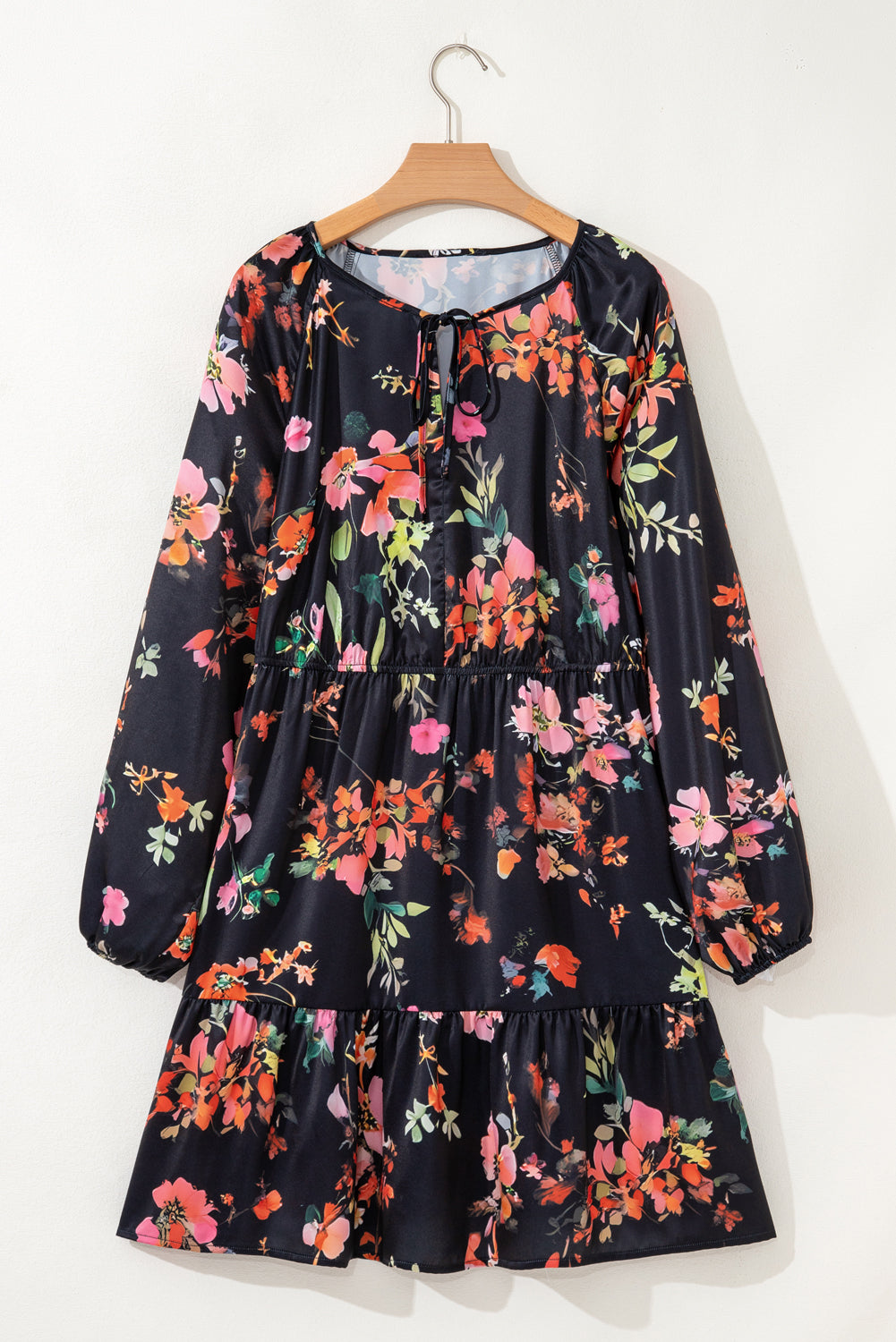 Black Plus Size Floral Print Tie Neck Cinched Waist Long Sleeve Mini Dress Plus Size Dresses 1707303785efbbf6