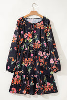 Black Plus Size Floral Print Tie Neck Cinched Waist Long Sleeve Mini Dress Plus Size Dresses 1707303785efbbf6