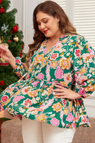 Green Floral Print V Neck Plus Size Babydoll Top Plus Size Tops 17234f6659eae129