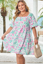 White Floral Print Ric-rac Trim Square Neck Plus Size Mini Dress Plus Size Dresses 172cb1938a78f889