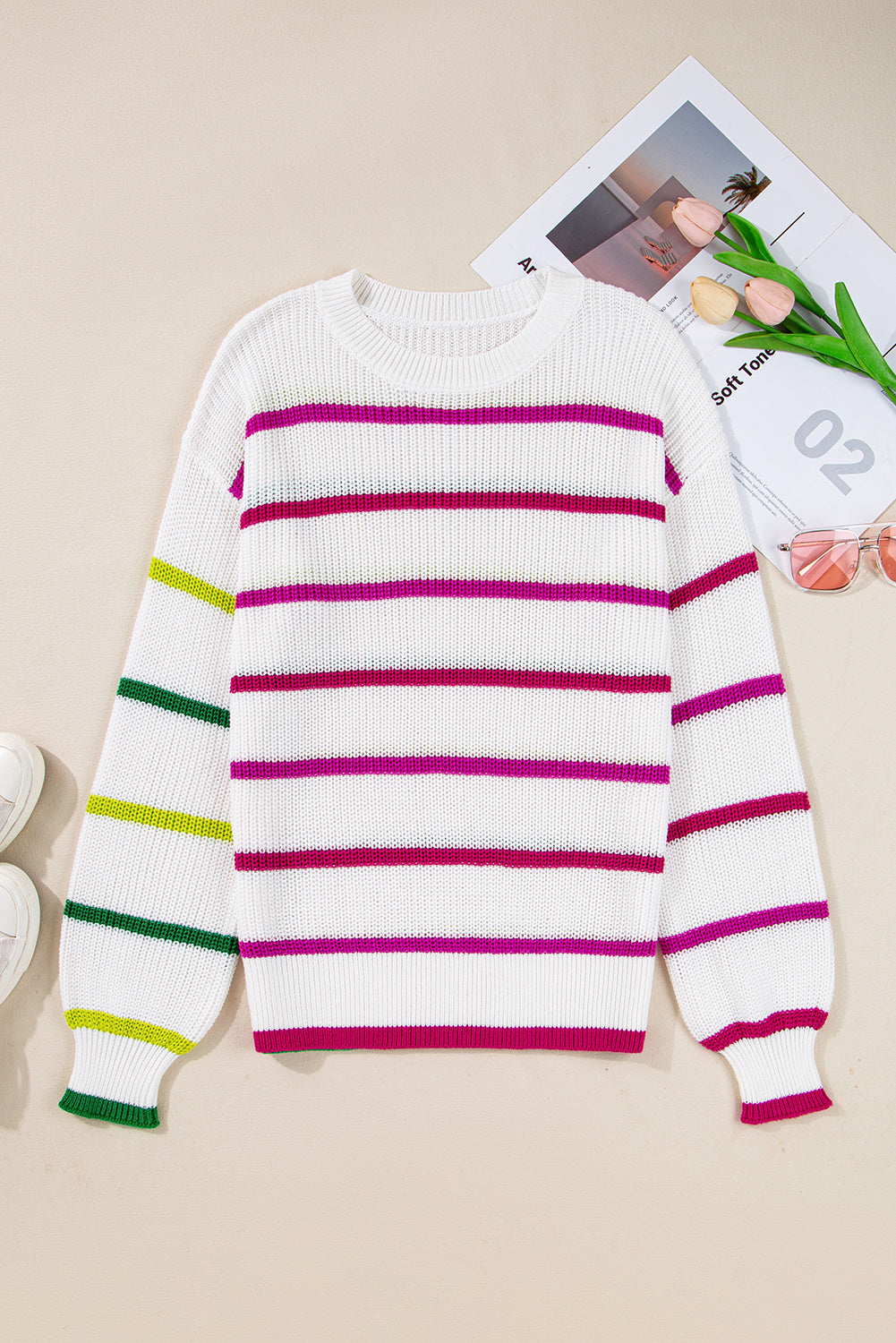 White Colorful Striped Drop Shoulder Crew Neck Sweater Sweaters 17315031b1d0968b