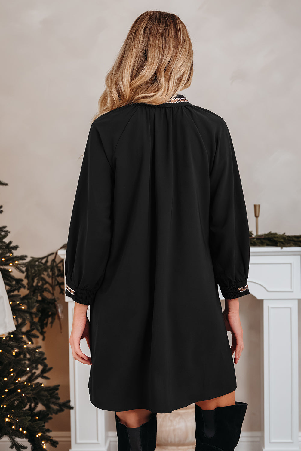 Black Contrast Trim V Neck Bracelet Sleeve Shift Mini Dress Short Dresses 1760f9331f995e13