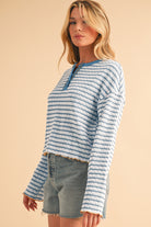 Sky Blue Stripe Textured Long Sleeve Henley Top Long Sleeve Tops 178481e02c2be32a