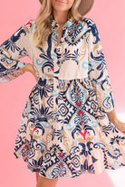 White Ethnic Print Boho Button Tiered Mini Dress Short Dresses 1789206755b365da