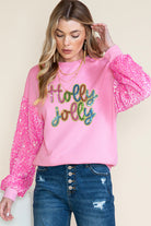 Pink Holly Jolly Letter Sequins Patch Drop Shoulder Patchwork Long Sleeve Top Graphic Apparel 17938c313c56ba40
