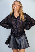 BeautybyShree Sequin Mesh Knit Button Down Top in Black