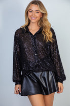 BeautybyShree Sequin Mesh Knit Button Down Top in Black