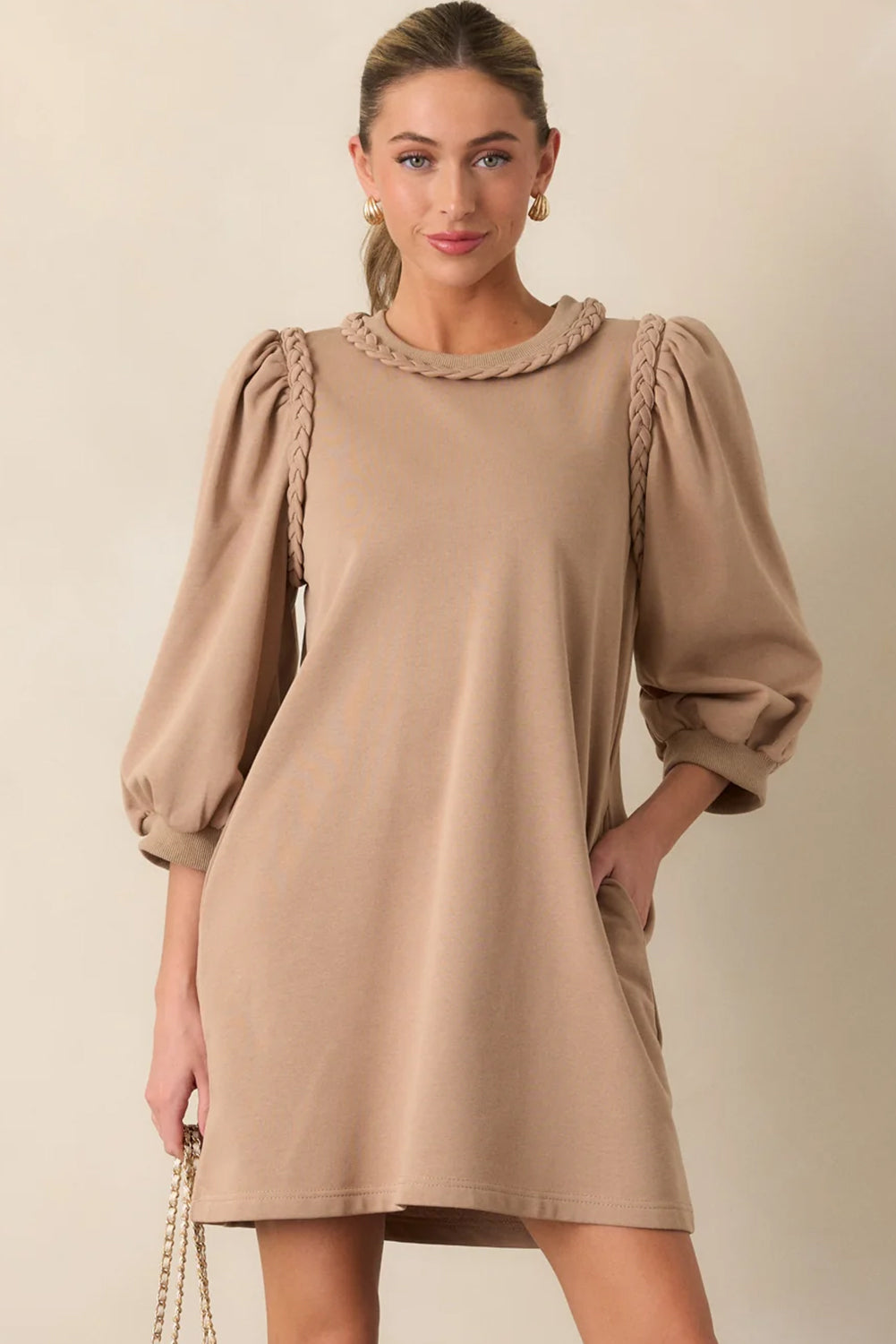 Light French Beige Twist Braided Embellished Puff Sleeve Dress Short Dresses 17bfce0fe87c1dd2