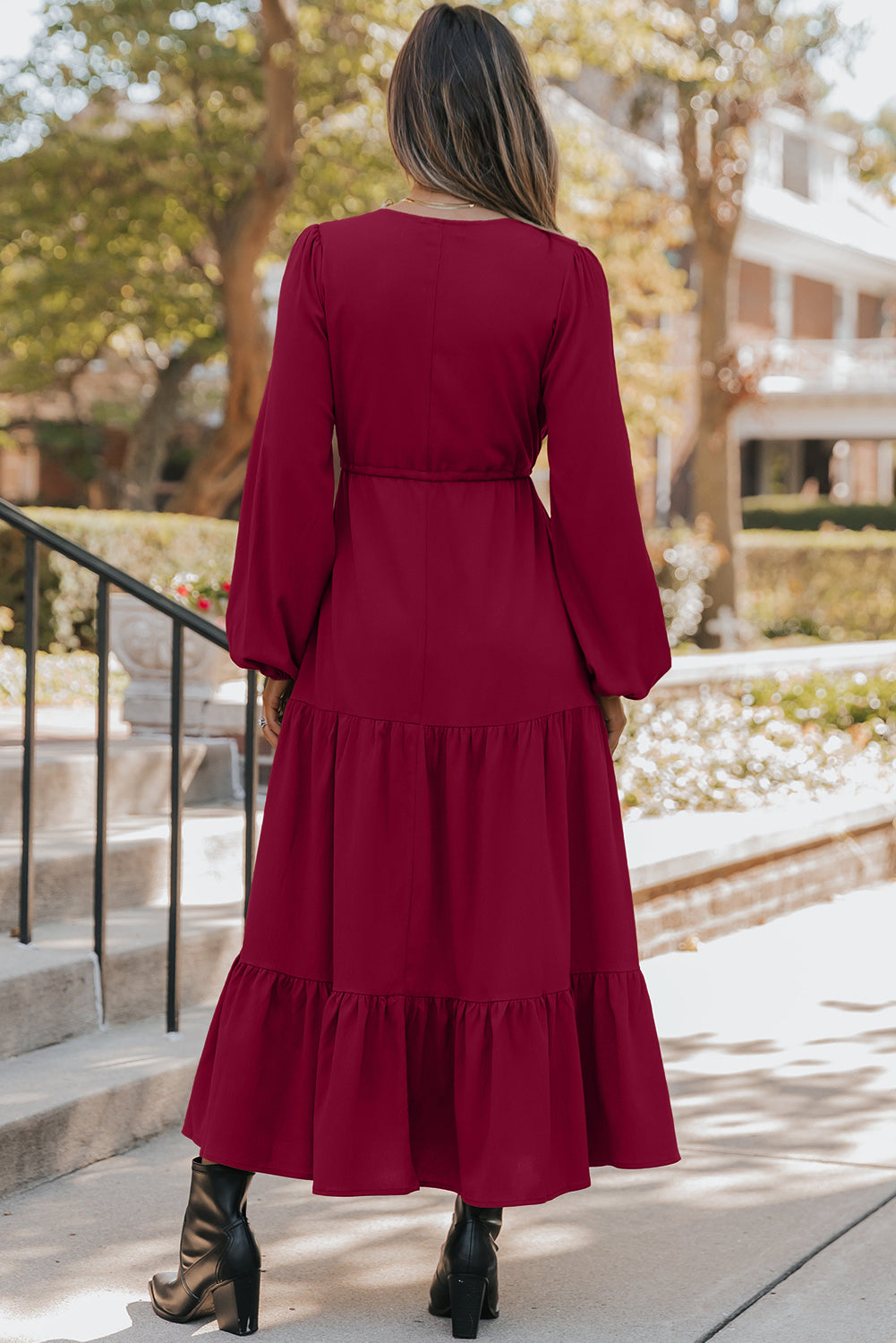Burgundy Solid Long Sleeve Button V Neck Tiered Maxi Dress Maxi Dresses 17c41431b10e945e