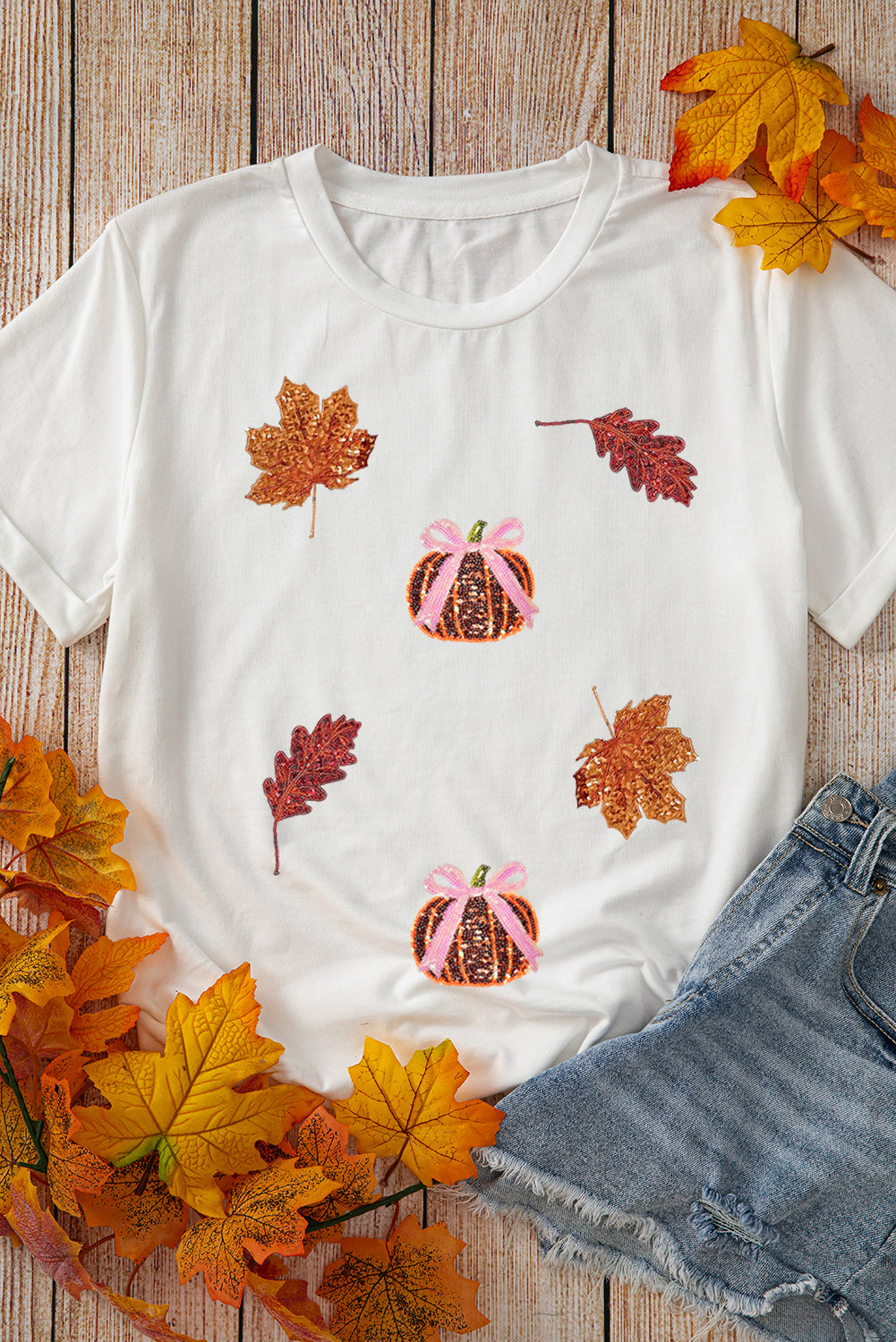White Pumpkin Leaves Sequins Patch Fall Vibe Graphic T Shirt Graphic Tees 17cd869f4dfe17f2