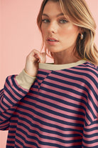 Blue Stripe Contrast Edge Cross Seam Oversized Pullover Sweatshirts & Hoodies 17ce2650144b7fc4
