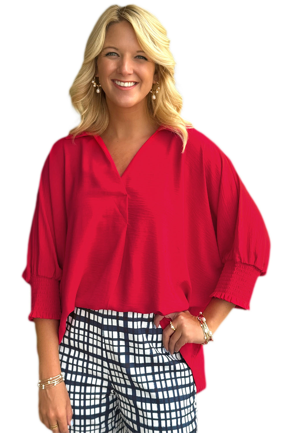 Fiery Red Solid Color Collared Loose Tunic Top Blouses 17ecc0d25e6d5291