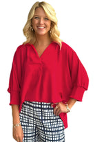 Fiery Red Solid Color Collared Loose Tunic Top Blouses 17ecc0d25e6d5291