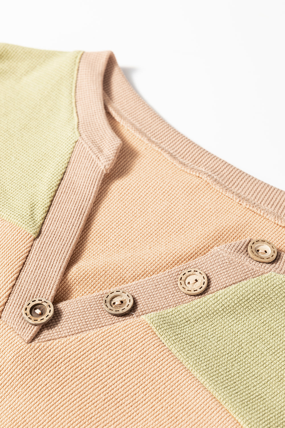 Buckskin Colorblock Thermal Waffle Knit Drop Shoulder Henley Top Long Sleeve Tops 182a59b58eff9291