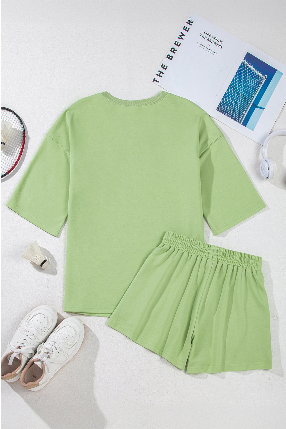Meadow Mist Green Plus Size V Neck Drop Shoulder Tee Loose Shorts Set Plus Size Matching Sets 182eb6a67930924f