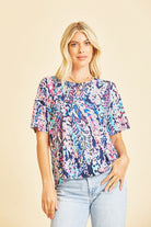 BeautybyShree Short Sleeve Yellow Lilly Floral Scoop Neck Top in Navy/Purple