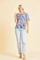 BeautybyShree Short Sleeve Yellow Lilly Floral Scoop Neck Top in Navy/Purple