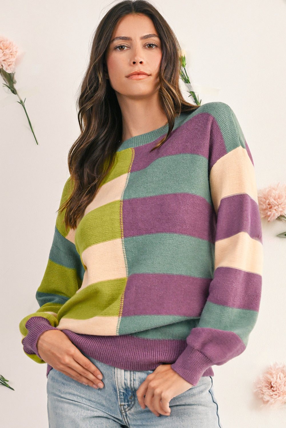 Green Stripe Colorblock Drop Shoulder Ribbed Edge Sweater Sweaters 1834032a9559f39a