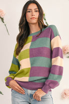 Green Stripe Colorblock Drop Shoulder Ribbed Edge Sweater Sweaters 1834032a9559f39a
