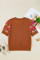 Brown Floral Pattern Short Puff Sleeve Sweater Short Sleeve Sweater 1834793d31bee50b