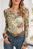Green Floral Print Mesh Long Sleeve Top Long Sleeve Tops 183f42327a769d7f