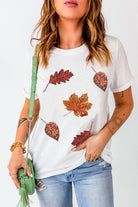 White Halloween Sequined Leaves Graphic Crew Neck T Shirt Graphic Tees 186df0d5a3724f14