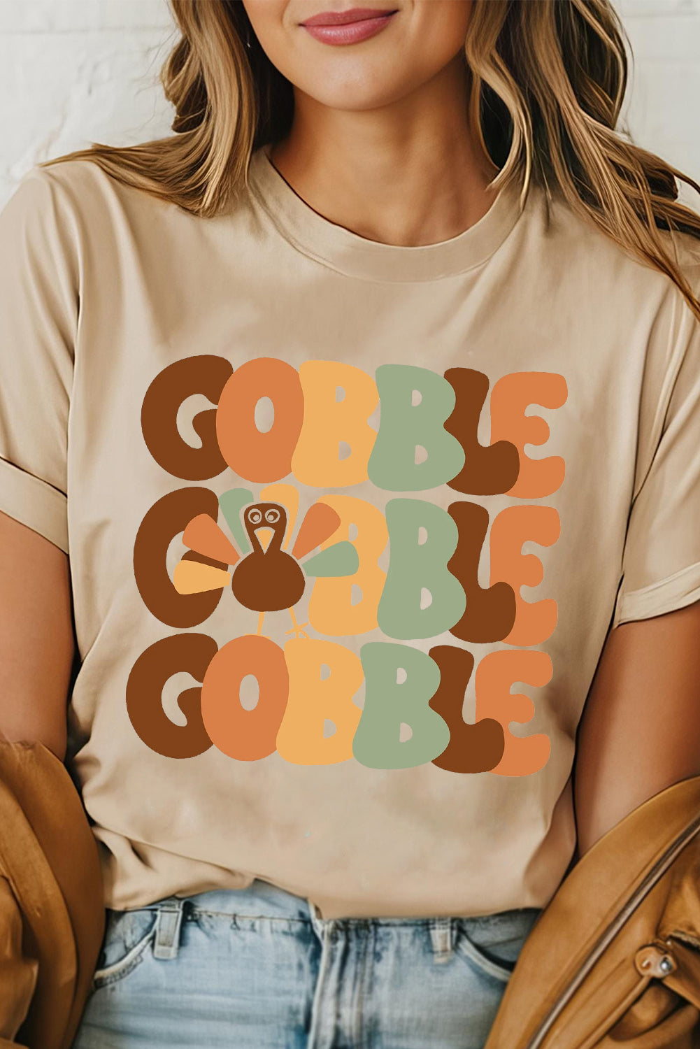 Khaki GOBBLE Turkey Heat Transfer Printing Thanksgiving Graphic Tee Graphic Tees 186e2083d9a5526e