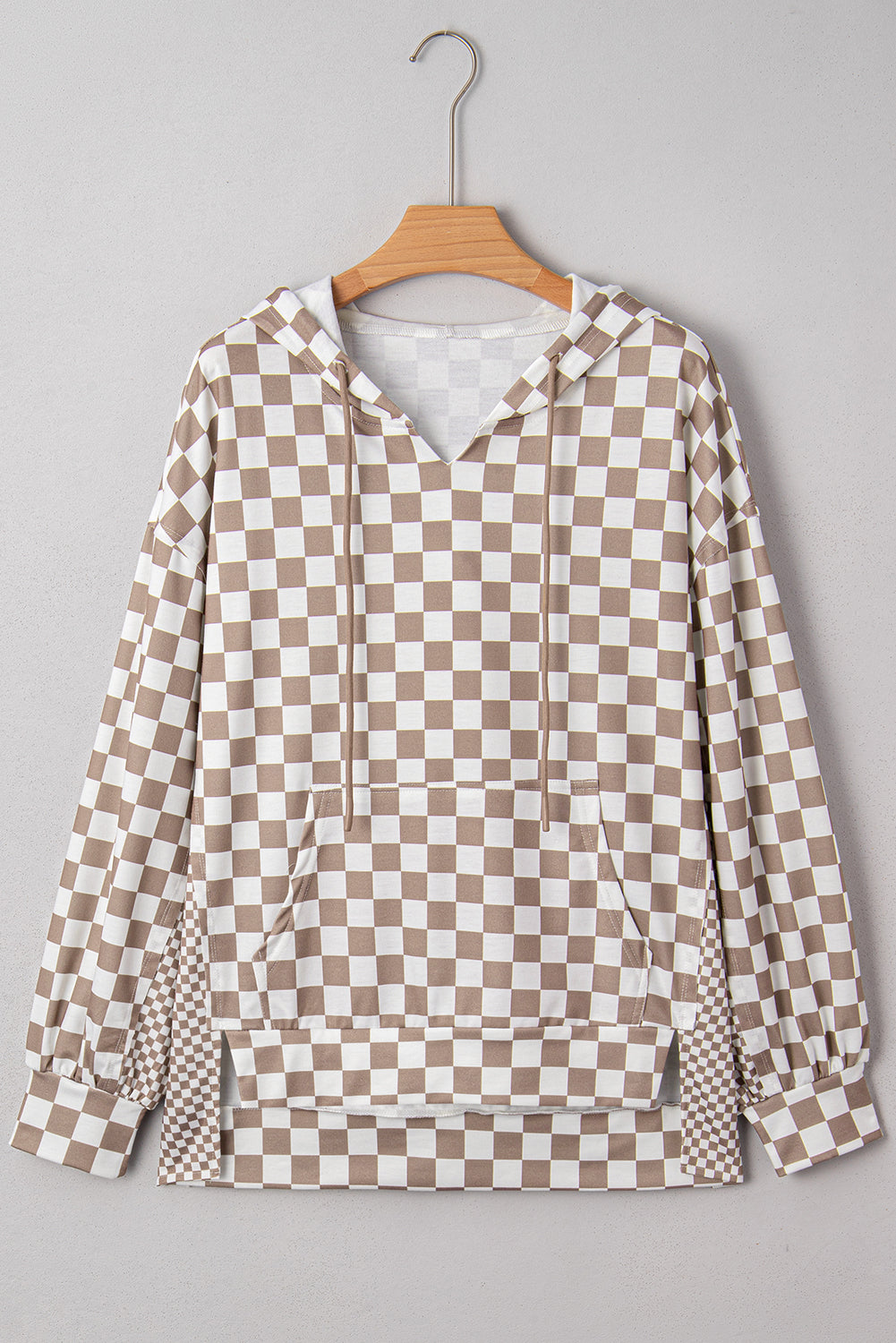 Khaki Double Checkered Patchwork Tie Neck Oversize Hoodie Sweatshirts & Hoodies 18717ac9c5e763b0