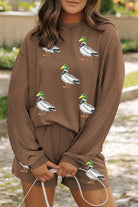 Chestnut Twisted Ribbed Mallard Duck Sequins Patch Long Sleeve Top and Short Set Graphic Apparel 1887a6daf3c6abc2