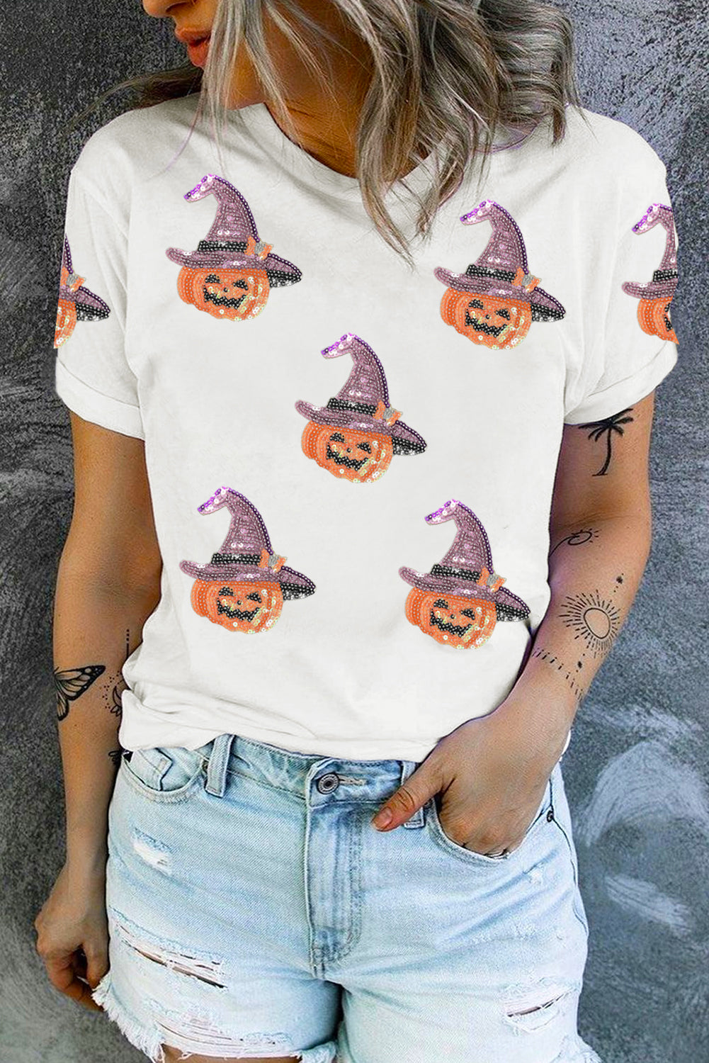White Pumpkin Witch Sequins Patch Halloween Graphic Tee Graphic Tees 1888ca9dfbf98c3c
