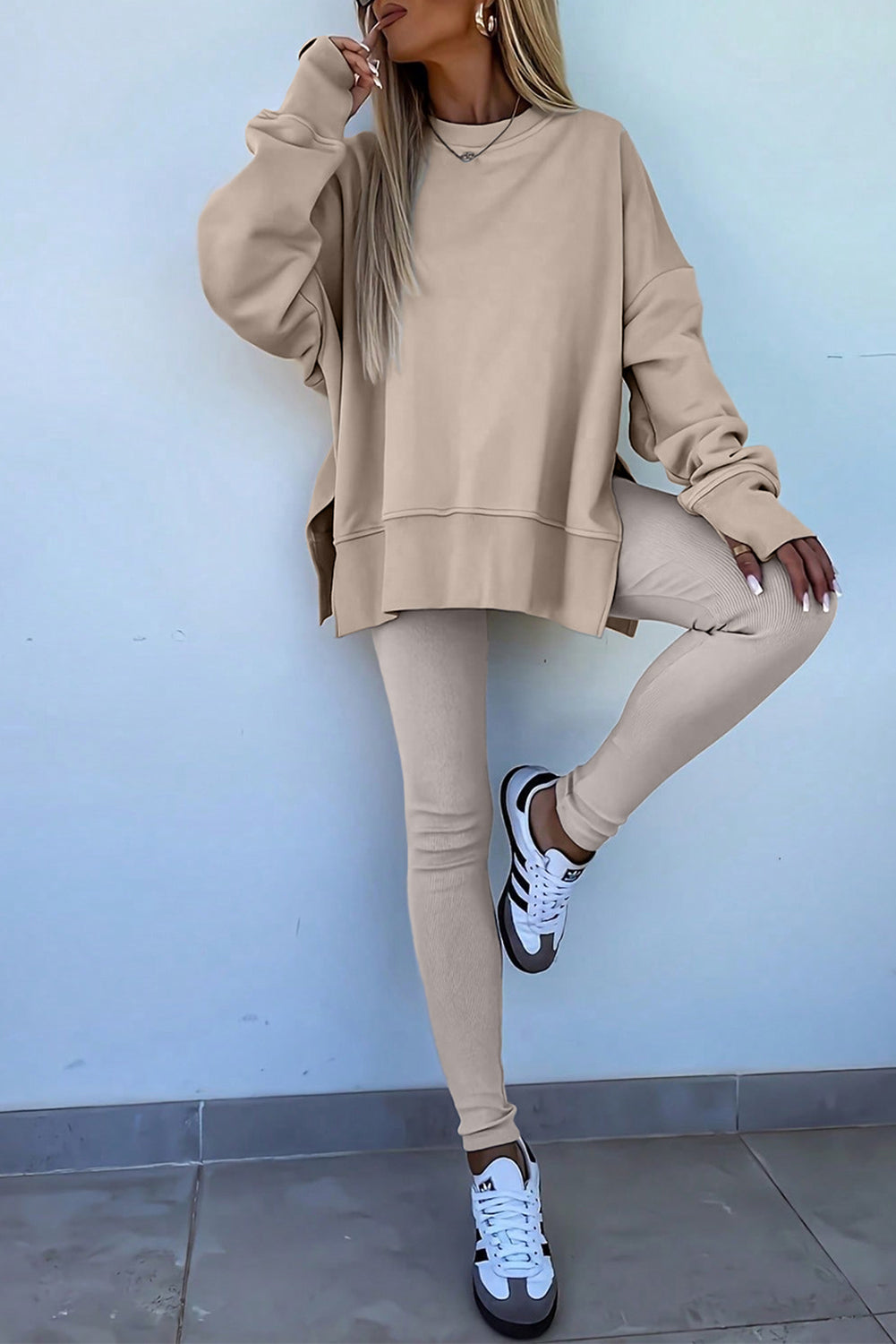 Green Bay Solid Color Oversize Slit Sweatshirt Ribbed Leggings Set Two Piece Pants Sets 188dcdf58d1175c6