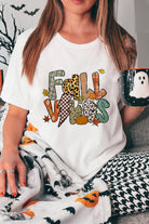 White FALL VIBES Cotton Blend Heat Transfer Printing Casual T Shirt Graphic Tees 18da9a3a5c5bb5fc