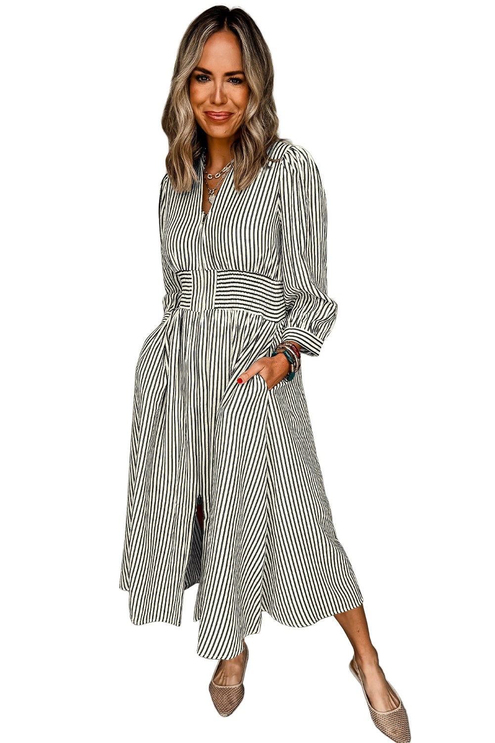 Black Striped V Neck Zip Front Cinched High Waist Midi Dress Midi Dresses 18ee1788bda9c081
