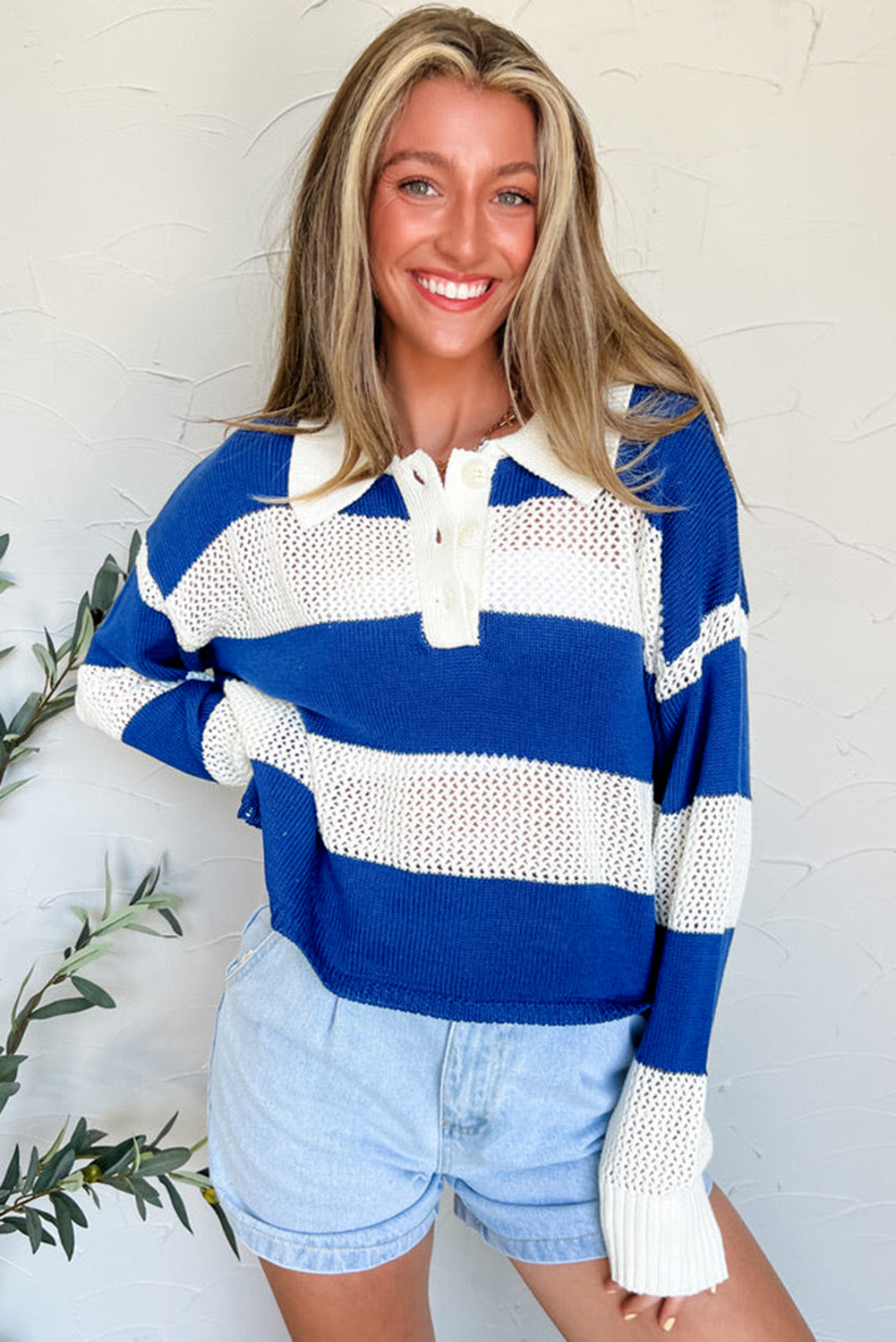 Blue Stripe Colorblock Polo Collar Eyelet Crochet Knit Sweater Sweaters 190c2f6c56298f7b
